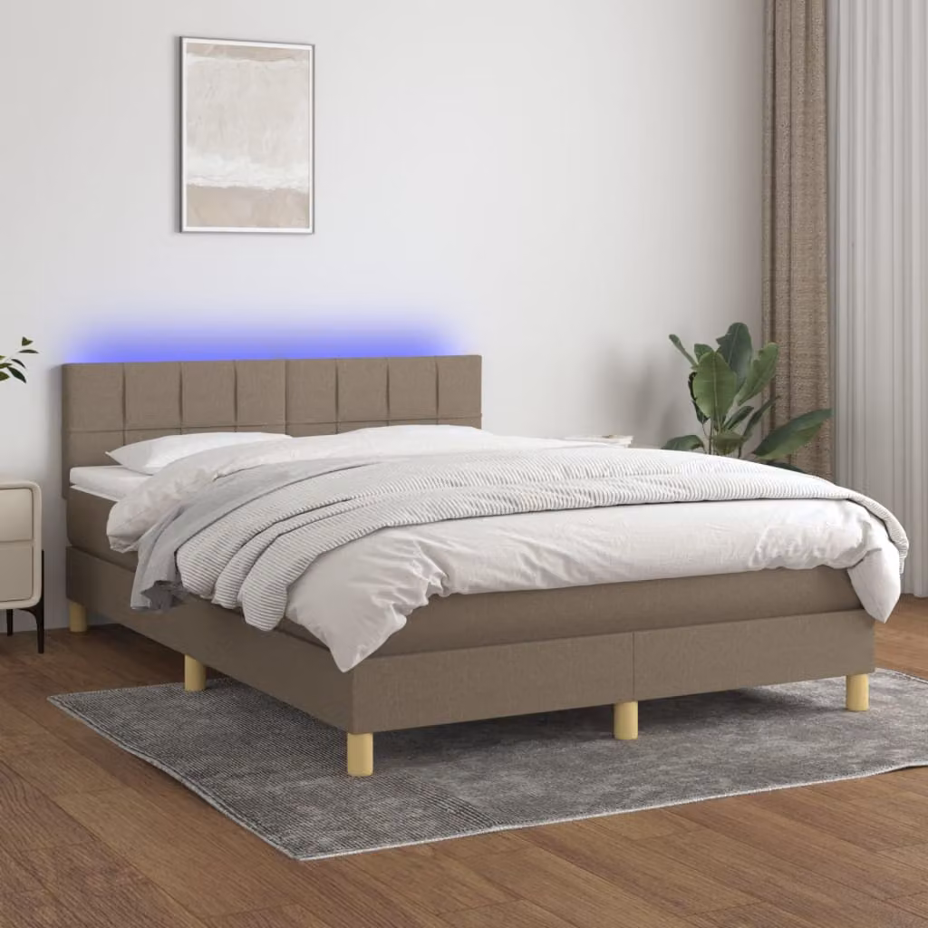 Letto a Molle con Materasso e Illuminazione LED vidaXL in Tessuto Tortora L/P/H: 140 x 200 x 88 cm – 1