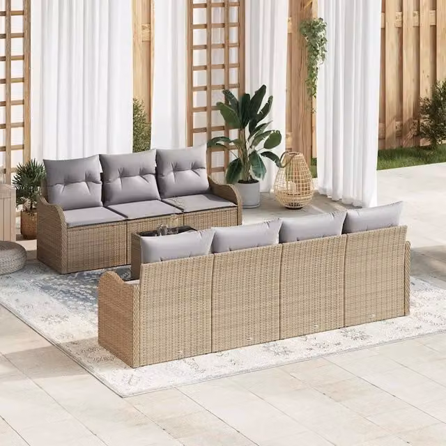 Set da giardino moderno vidaXL composto da divano a 3 posti e tavolino da caffè in rattan beige con struttura in metallo e cuscini inclusi L/P/H: 55 x 55 x 37 cm