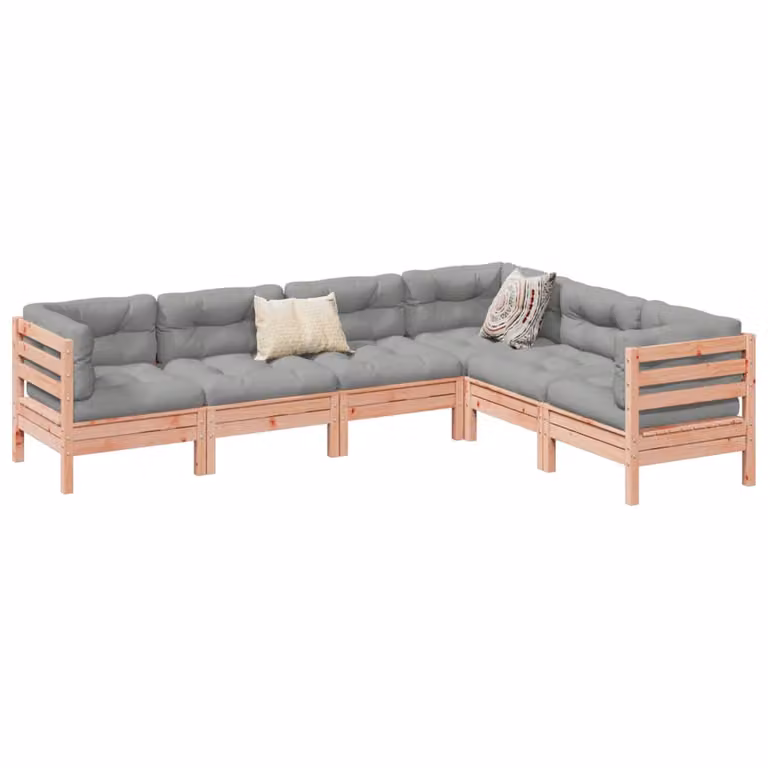 Set di divani da giardino a L vidaXL in legno massello con cuscini, 6 pezzi, marrone e grigio