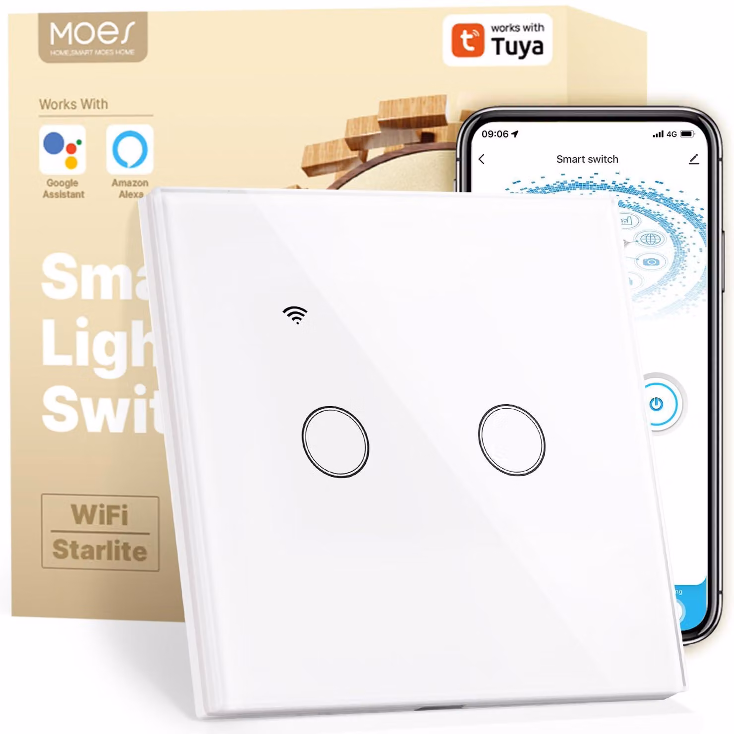 Interruttore intelligente Wi-Fi MOES, touch, a 3 vie, senza filo neutro – dimensioni per 2 interruttori, colore bianco