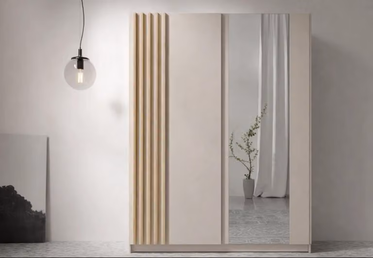 AX LIVING Armadio beige con specchio da 150 cm Beralto con ante a lamelle