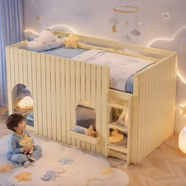 Letto a soppalco per bambini 90x200 cm con LED multicolore; scala a 3 gradini; legno e MDF; naturale