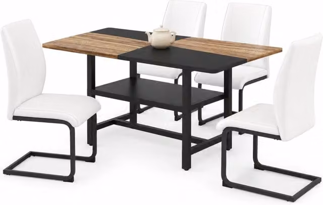 Set tavolo e sedie con tavolo rettangolare e 4 sedie imbottite con ripiano, in MDF, metallo e similpelle bianco