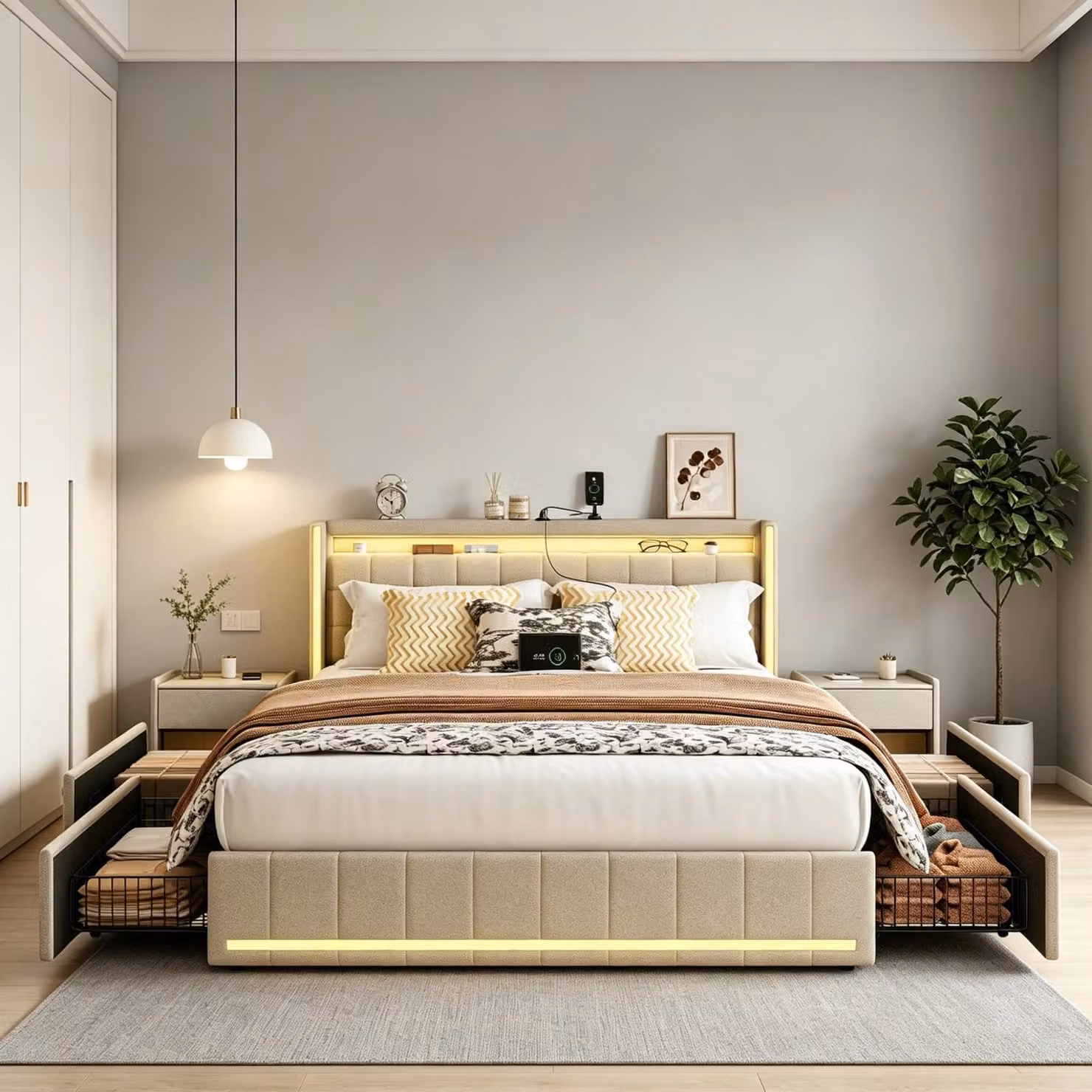Letto imbottito INONEFT, 160 x 200 cm, con 4 cassetti, letto matrimoniale, letto con spazio contenitivo, testiera LED e porta USB, letto per ragazzi con rete a doghe, in lino, color beige