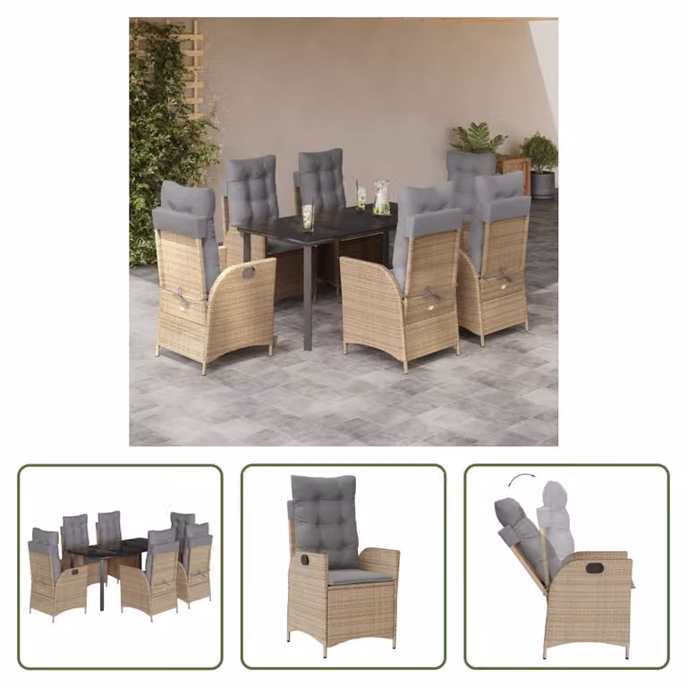The Living Store Set da pranzo da giardino 7 pezzi con cuscini Beige poly rattan