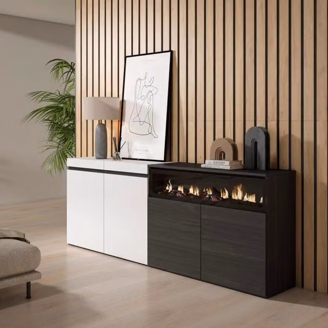 Credenza, Mobile, 200x35x75cm, 4 Porte, Camino elettrico, Bianco e nero RF2397