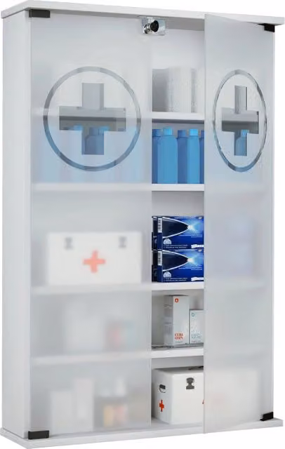 Armadietto Medicinali HealthBox Ezooza Bianco con Ante in Vetro e Serratura L: 60 cm, P: 18 cm, H: 91 cm – 1