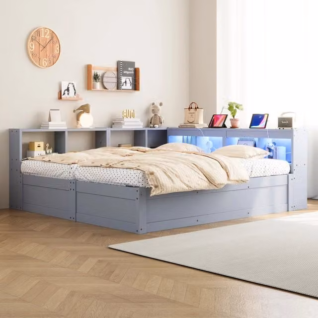 Letto multifunzione 90/180x200 cm con presa; contenitore e LED in MDF grigio