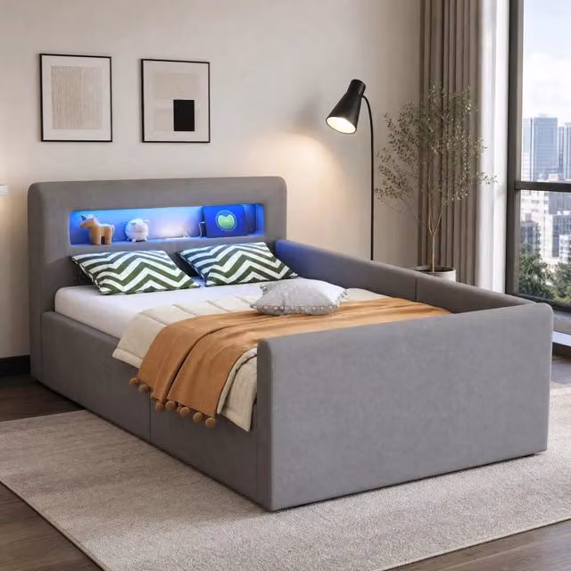 Letto singolo imbottito per bambini 90 × 200 cm con led luce notturna usb vano contenitore velluto grigio