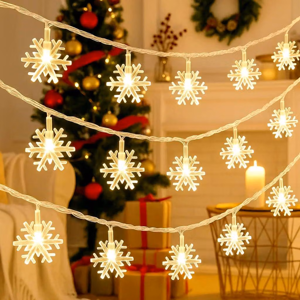 Catena luminosa a LED a forma di fiocchi di neve, 5 metri, 30 LED, luce bianco caldo, con timer