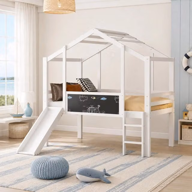 Letto a soppalco per bambini 90x200 cm in legno bianco con scivolo; scala e lavagna