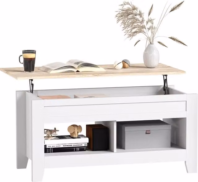 Tavolino da salotto con piano elevabile e ripiano nascosto ¨C Minimal ¨C 105x50x49 cm bianco e legno naturale