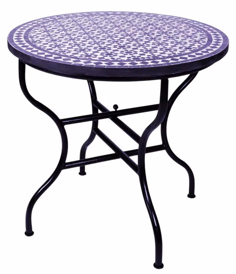 Tavolino mosaico marocchino, tavolo da giardino, diametro 100 cm, grande, rotondo, pieghevole. Tavolo rotondo pieghevole in mosaico, stile mediterraneo. Ideale come tavolino pieghevole per balcone o giardino. Colore: blu Marrakech, finitura naturale, diam