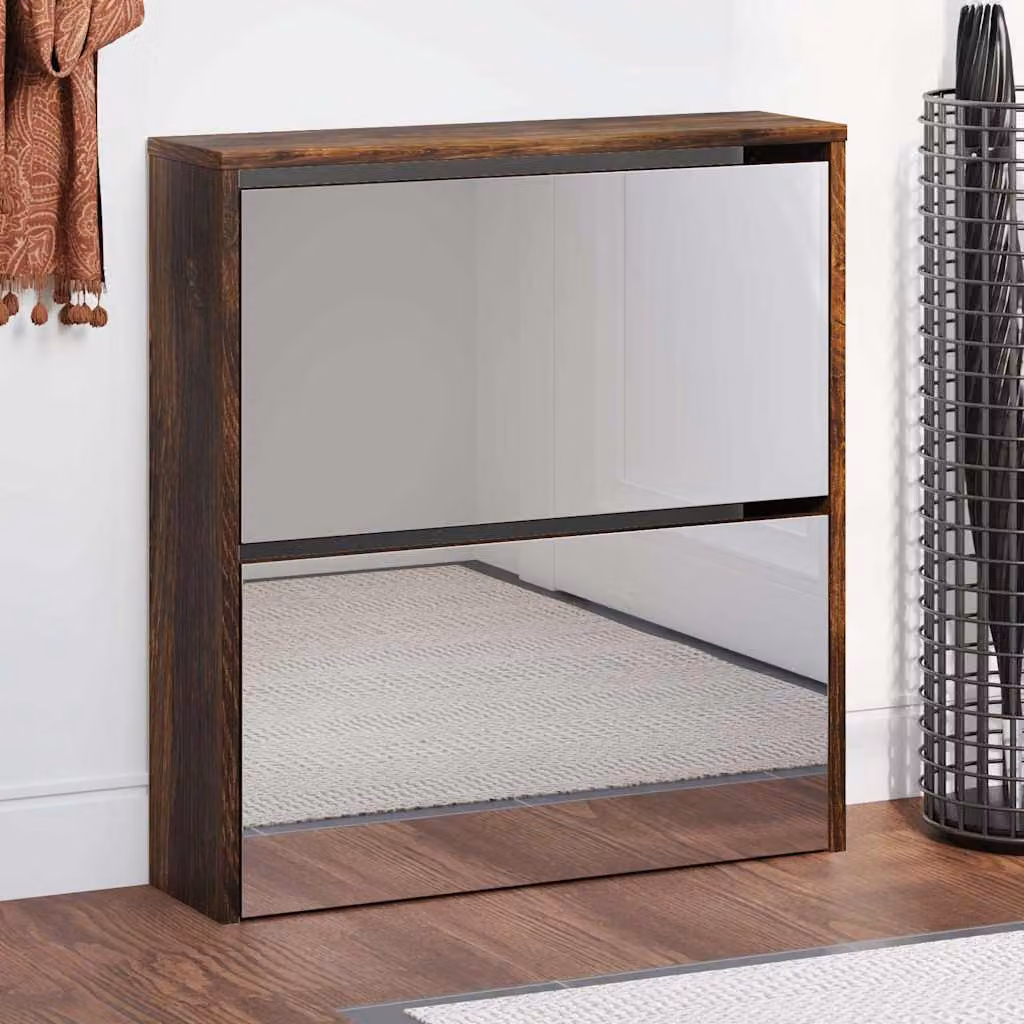 Scarpiera moderna vidaXL con specchio e scomparti basculanti in rovere fumo, L: 63 cm, P: 17 cm, H: 67 cm