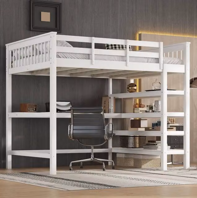 Letto a soppalco 140x200 cm con scrivania e ripiani; pino; bianco (Senza materasso)