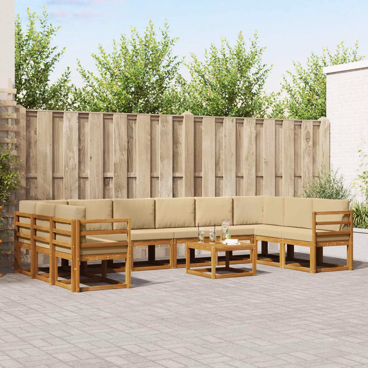 Set di divani da esterno vidaXL 11 pezzi in legno di acacia con cuscini beige e marrone a forma di U per giardino e terrazza