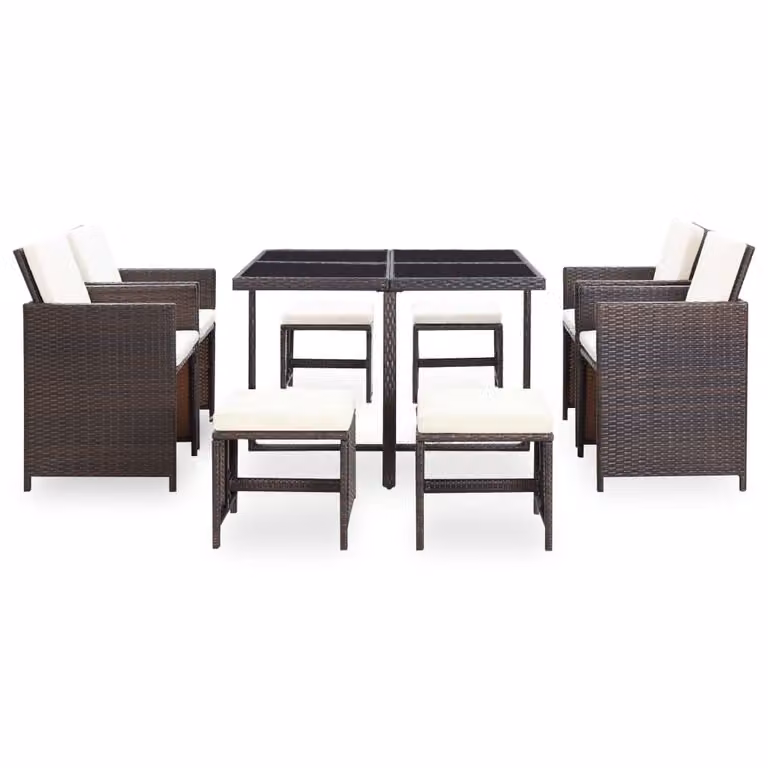 set da pranzo da giardino 9 pezzi con cuscini in poly rattan marrone