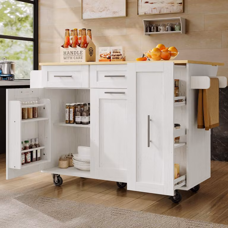 MODFU Isola da cucina, Mobile da cucina multifunzionale, Mobile da cucina, Credenza da cucina, Carrello di servizio, Isola da cucina con armadietti espandibili, bianco