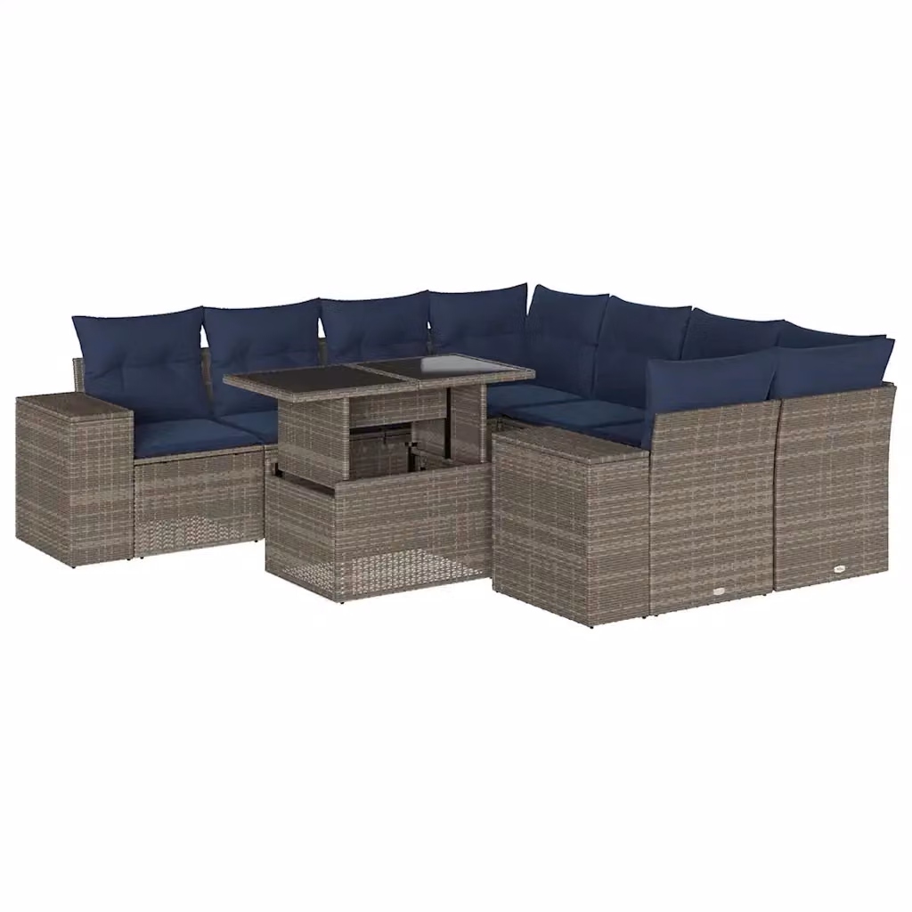 Set di Divani da Giardino a L vidaXL in Polyrattan con Tavolino e Cuscini, Grigio e Blu – 2