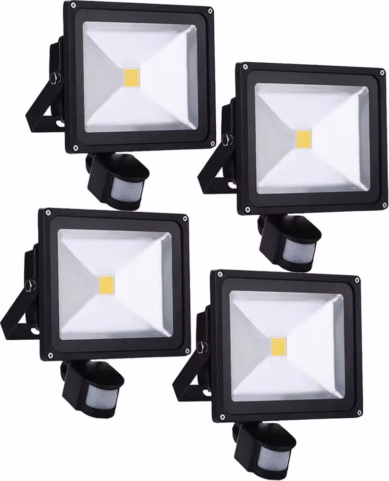 4 pezzi di faretti LED da 30 W per esterni con sensore di movimento, Greenmigo, faretti da parete bianco caldo, alluminio nero, IP65, impermeabili, CA 85-265 V, bianco luce diurna
