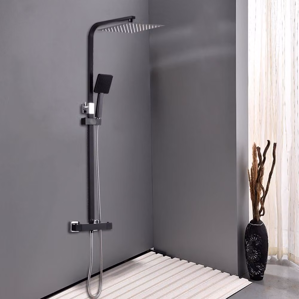 Set doccia a soffione nero elegante, con termostato e soffione quadrato