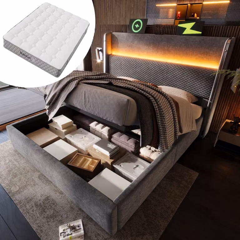 Letto imbottito STILVORA 180x200 con contenitore, letto con spazio contenitivo, rete con illuminazione a LED e porte USB + Type-C, letto per ragazzi con rete a doghe, colore lino, grigio (con materasso)