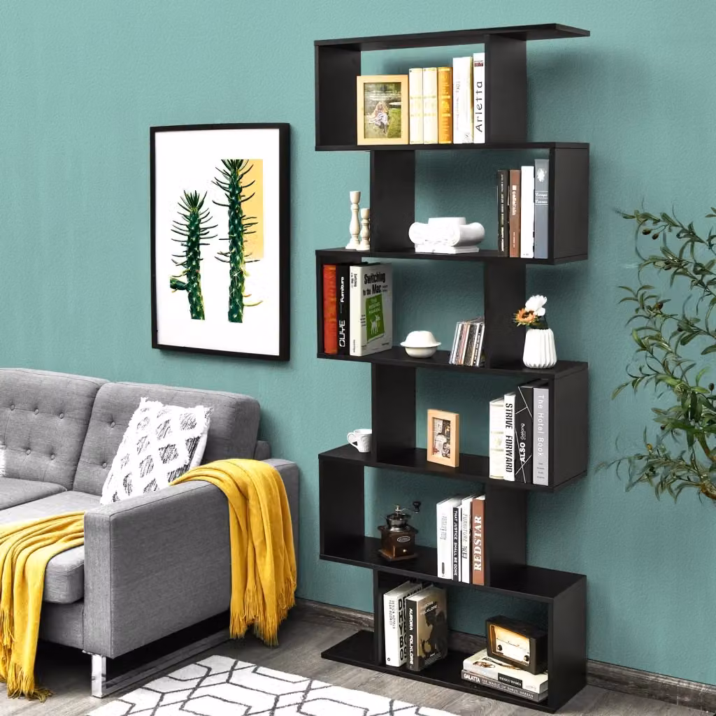Libreria moderna a 6 livelli in legno nero con design a S e fissaggio a parete per casa e ufficio – 2