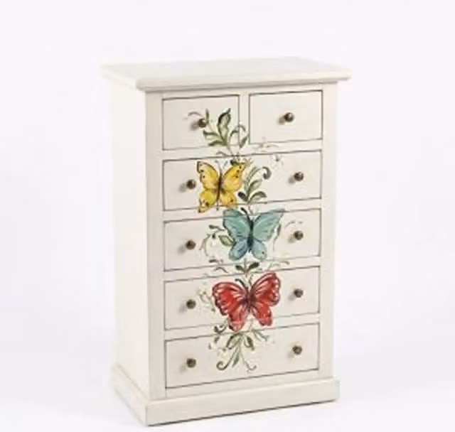 cassettiera cinquino in legno Shabby chic bianco opaco decorato farfalle a mano cassetti lisci