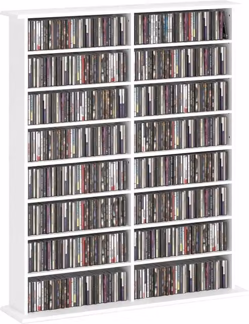 Libreria per CD e DVD Zephmum bianca con 16 scomparti e 12 ripiani regolabili