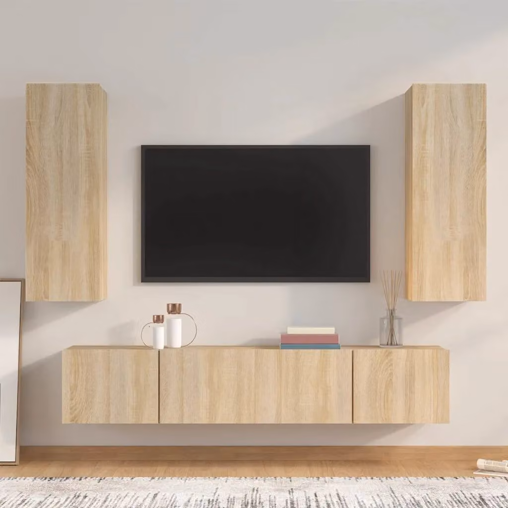 Set di mobili porta TV da 4 pezzi vidaXL in legno Rovere Sonoma, colore marrone e beige, design classico da parete per il tuo soggiorno