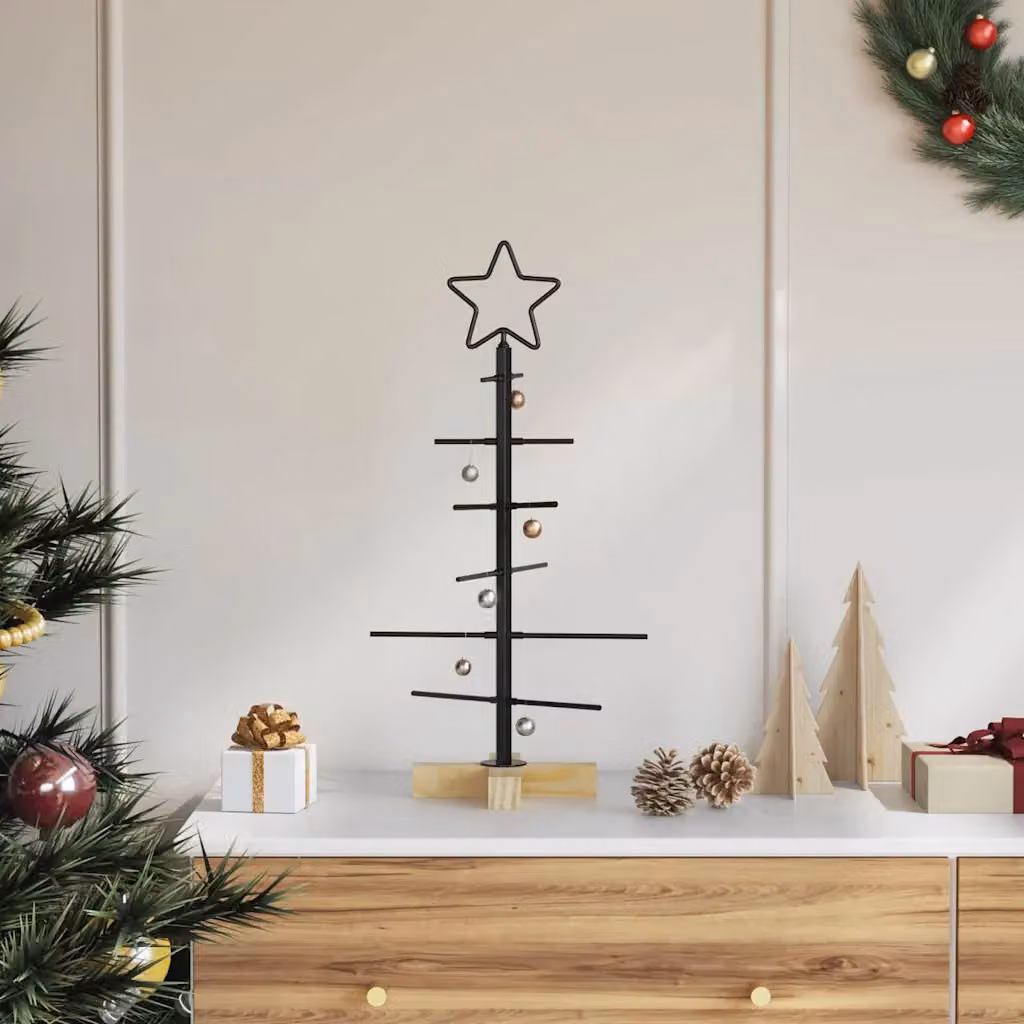 Albero di Natale da tavolo vidaXL in metallo e legno, Nero, H: 59,5 cm