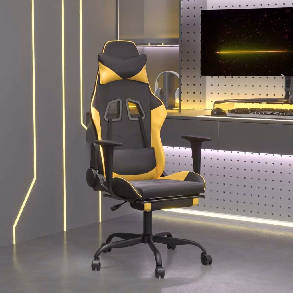 The Living Store Sedia da gioco con massaggio e poggiapiedi in ecopelle nera dorata