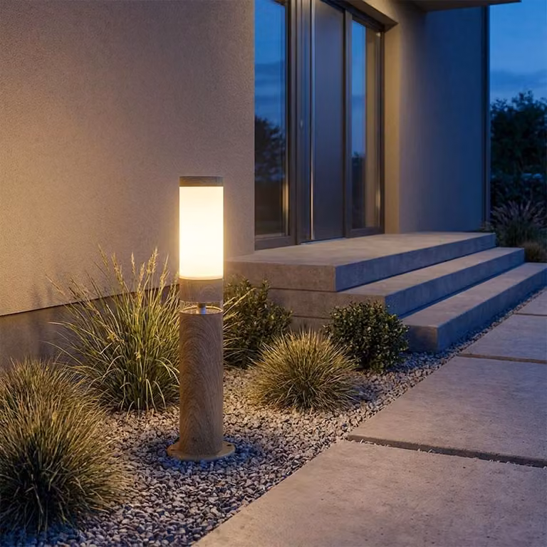 Lampada a zoccolo LED RGB, acciaio inox, aspetto legno, controllo tramite app