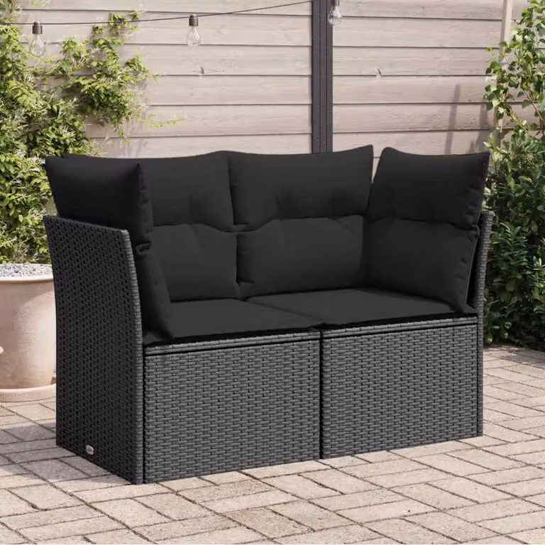 Divano da giardino a 2 posti vidaXL in polyrattan nero con cuscini imbottiti e coperture rimovibili