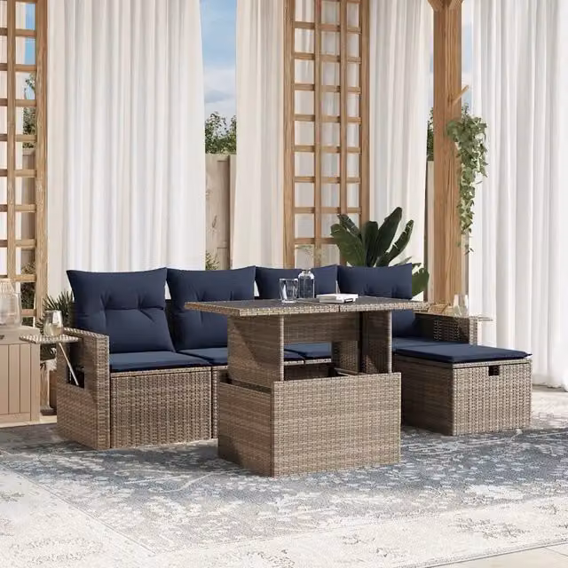Set da giardino moderno vidaXL composto da 6 pezzi in polyrattan con cuscini grigi e blu e tavolino da caffè