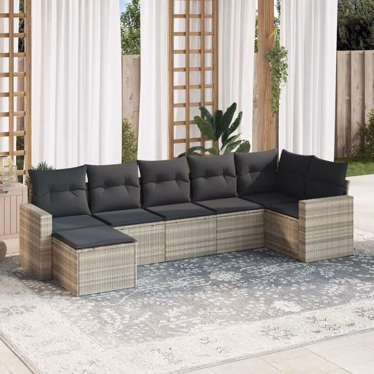 vidaXL Set Divani da Giardino a L 7pz con Cuscini Grigio Chiaro in Polyrattan e Metallo