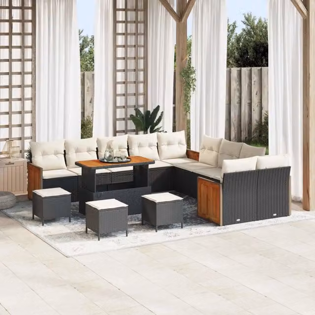 Set Divano da Giardino vidaXL a Forma a U con 14 Pezzi, Colore Nero e Beige, con Cuscini e Tavolino da Caffè – 1