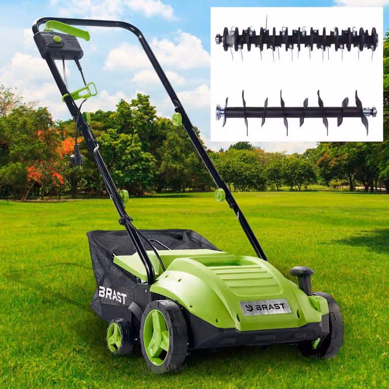 Scarificatore elettrico BRAST | 1500-2000 Watt | Larghezza di lavoro 32-40 cm | 3 modelli | Ampio cesto di raccolta, maniglia di trasporto e struttura ribaltabile | Per prati di piccole e grandi dimensioni | BRE-RV-3200