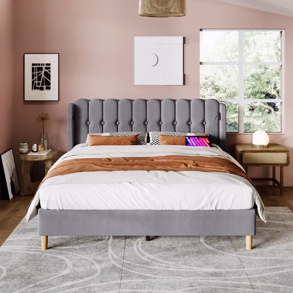 Letto imbottito Mivray in lino grigio con rete a doghe e testiera con porte USB e Type-C L/P: 140 x 200 cm – 2