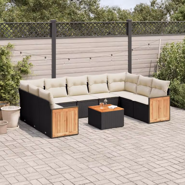 vidaXL Set Divani da Giardino a Forma di L in Polyrattan Nero con Cuscini e Tavolino da Esterno