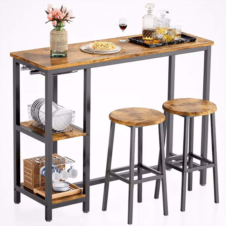 Tavolo da pranzo lungo Bealife con 2 sgabelli, tavolo da bar e sedie per due persone, 120x40x91,5 cm