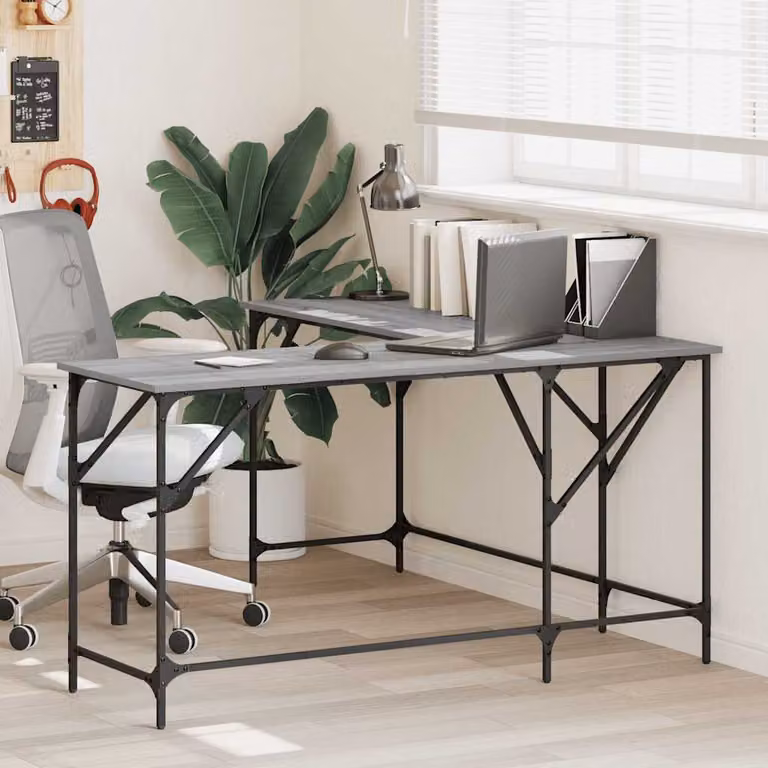 Scrivania angolare vidaXL in legno e metallo, Grigio Sonoma e Nero, L/P/H: 149 x 149 x 75 cm