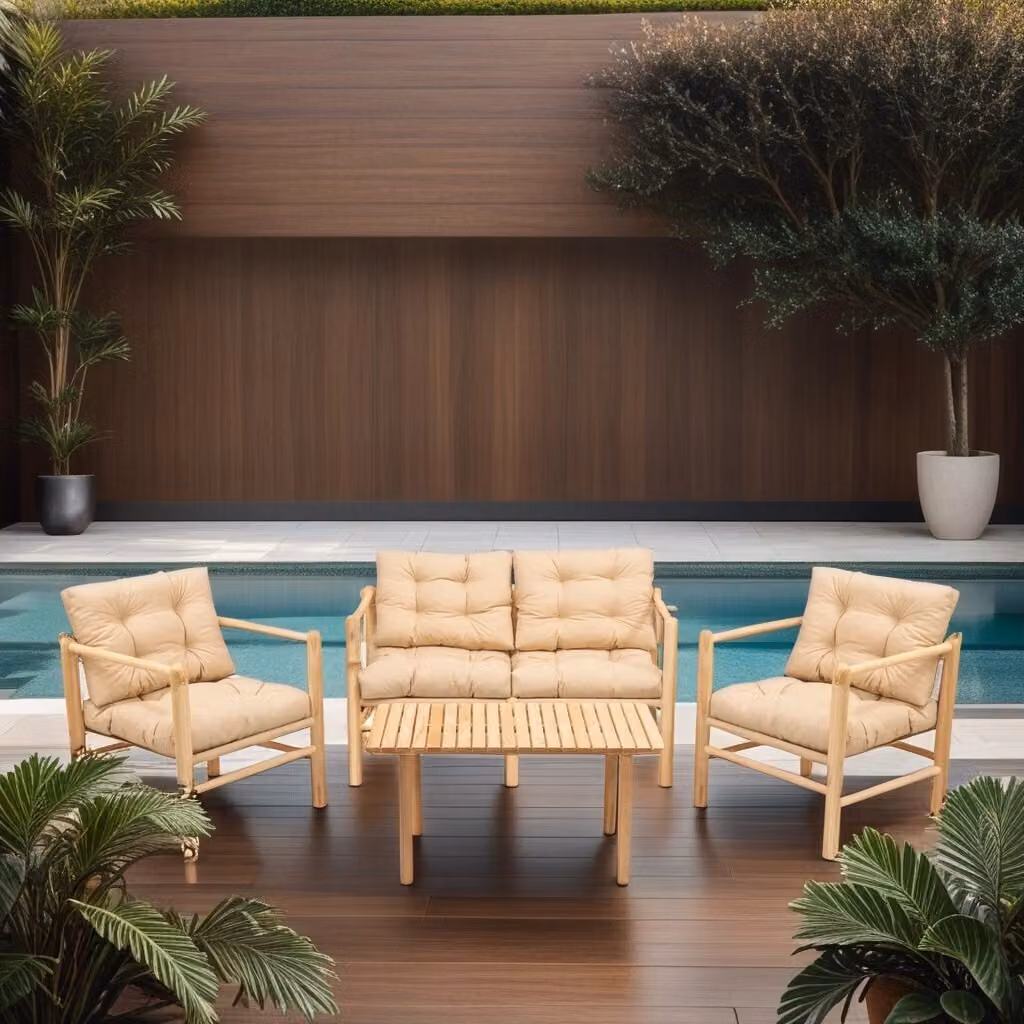 Skye Decor, My028, Set da giardino composto da tavolo e sedie (4 pezzi), 100% legno di castagno, prodotto naturale, dimensioni: 135 x 75 x 74 cm