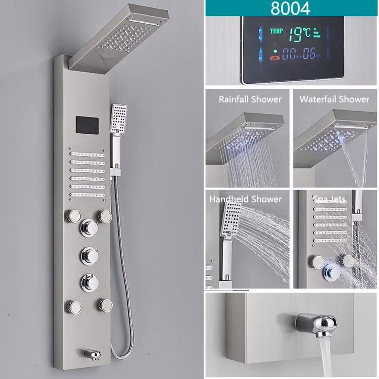 Pannello doccia LED - Colonna doccia a pioggia per vasca da bagno - Display digitale della temperatura - 4 getti massaggio per il corpo - Miscelatore a tre maniglie - Acciaio inossidabile - Finitura nichel spazzolato - Modello 8004