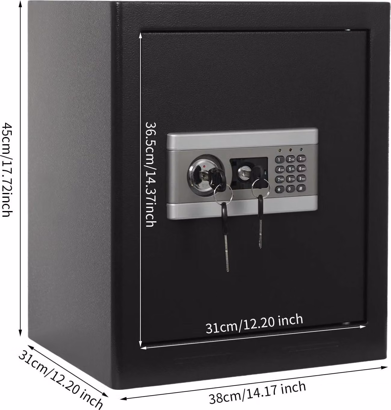 Cassaforte digitale - Cassaforte elettronica - Volume 43 l - Dimensioni 38×31×45 cm - Porta in acciaio 4 mm - Codice + chiave principale/chiave di emergenza - Montaggio a parete/apparecchio da appoggio - Nero