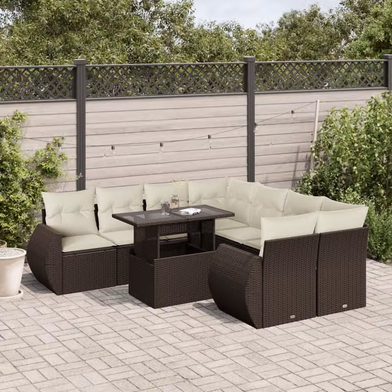 Set di divani da giardino vidaXL in polyrattan marrone con 9 pezzi e cuscini inclusi