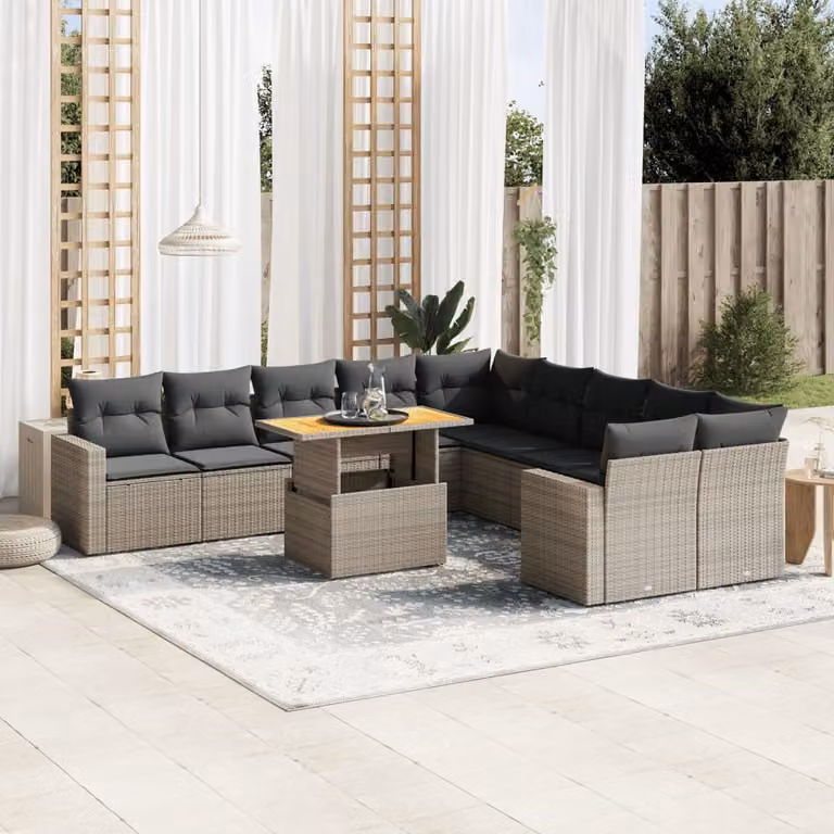 vidaXL Set Divani da Giardino a L 11 pz in Polyrattan Grigio con Cuscini e Tavolino