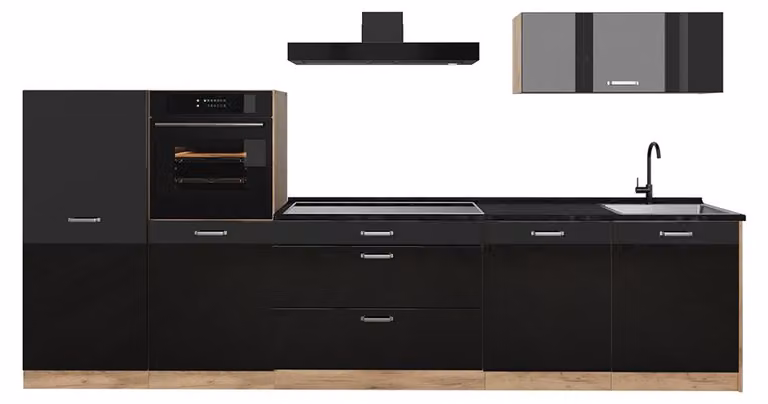 Cucina componibile Vicco R-Line Nero lucido/Rovere dorato 340 cm piano di lavoro Antracite, Model 66533