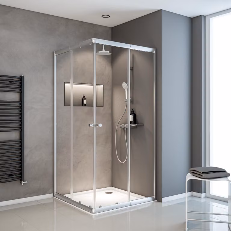 Schulte Sunny cabina doccia angolare con porte scorrevoli, variabile da 75 a 90 cm, 180 cm, montaggio su piatto doccia o piastrelle, colore profilo argento, vetro di sicurezza 4 mm (ESG) chiaro