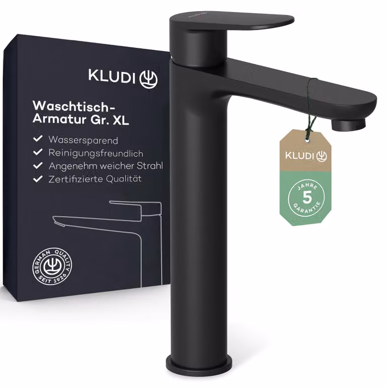 Miscelatore per lavabo nero opaco, modello XL, altezza del beccuccio 210 mm, a risparmio idrico